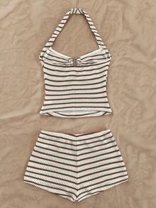 Soleia Conjunto de 2 piezas de top halter a rayas y shorts casuales de vacaciones para mujer - Marrón - Ver 2