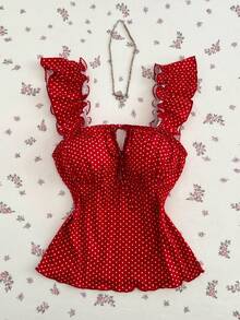 Elamini Áo thun nữ cổ vuông tay bồng in chấm bi đỏ, ôm sát, hở lưng, thích hợp cho mùa xuân/hè, đi nghỉ mát, đi biển, thanh lịch, ngọt ngào, dễ thương, cổ điển, dạo phố, hẹn hò, tối giản, đi làm, đa năng. - Đỏ - Xem 1