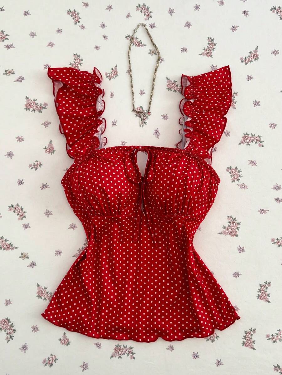 Elamini Áo thun nữ cổ vuông tay bồng in chấm bi đỏ, ôm sát, hở lưng, thích hợp cho mùa xuân/hè, đi nghỉ mát, đi biển, thanh lịch, ngọt ngào, dễ thương, cổ điển, dạo phố, hẹn hò, tối giản, đi làm, đa năng. - Đỏ - Xem 1