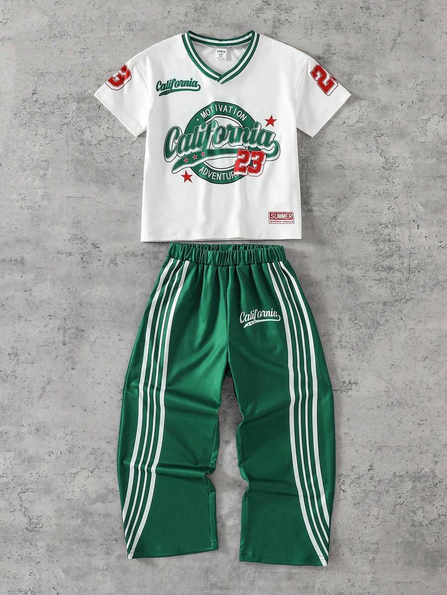 2pcs Boys Baseball Clothes Set,Minimalist Printed Short Sleeve V-Neck T-Shirt & Wide Leg Pants,Back-To-School Summer Career Day Outfits For Sports - Dark Green - View 1