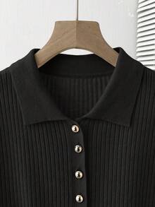 SHEIN Franclia 新款夏季休闲宽松百搭简约优雅柔软Polo衫，适合办公室、工作、通勤等场合，金属纽扣设计，修身剪裁，款式简洁大方，男女皆宜，极简女式开衫 - 黑色 - 查看 6