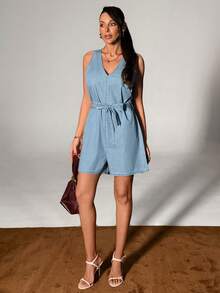 SHEIN V-Neck, Sleeveless Light Blue, Washed Denim Short Jumpsuit With Belted, Denim Overalls - Light Wash - View 3