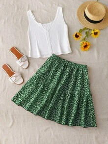 Franclia Plus Size 2-Piece Set: Ribbed Knit Sleeveless Tank Top And Ditsy Floral Mini Skirt - Green - View 1