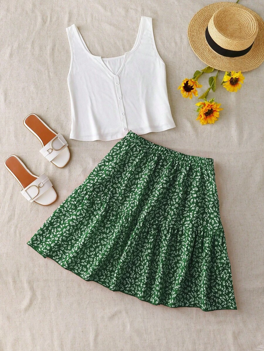 Franclia Plus Size 2-Piece Set: Ribbed Knit Sleeveless Tank Top And Ditsy Floral Mini Skirt - Green - View 1