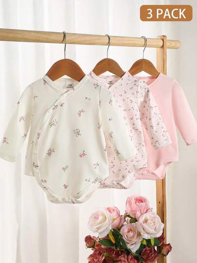 SHEIN 3件套新生男宝宝秋季休闲舒适长袖T恤，卡通熊可爱连体衣套装