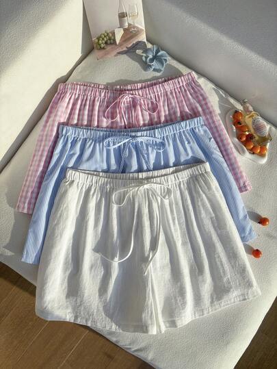 Comfortcana Plus Size 3 Pieces Set: Casual Striped Bow Decor In Pink, Blue & Yellow, Spring/Summer Gingham Set Summer Short Sets