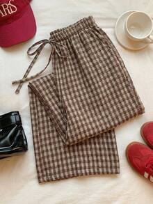 Comfortcana 女士休闲格子抽绳腰裤，适合日常穿着、春夏装扮、情人节服装、嘉年华装扮、乡村风格裤装，棕色格子裤，夏季格子裤 - 棕色 - 查看 5