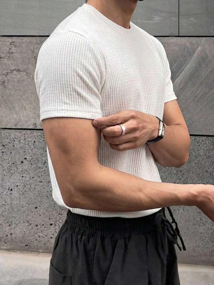 Men's Solid Color Short Sleeve T-Shirt, Apricot Textured Fabric, Summer