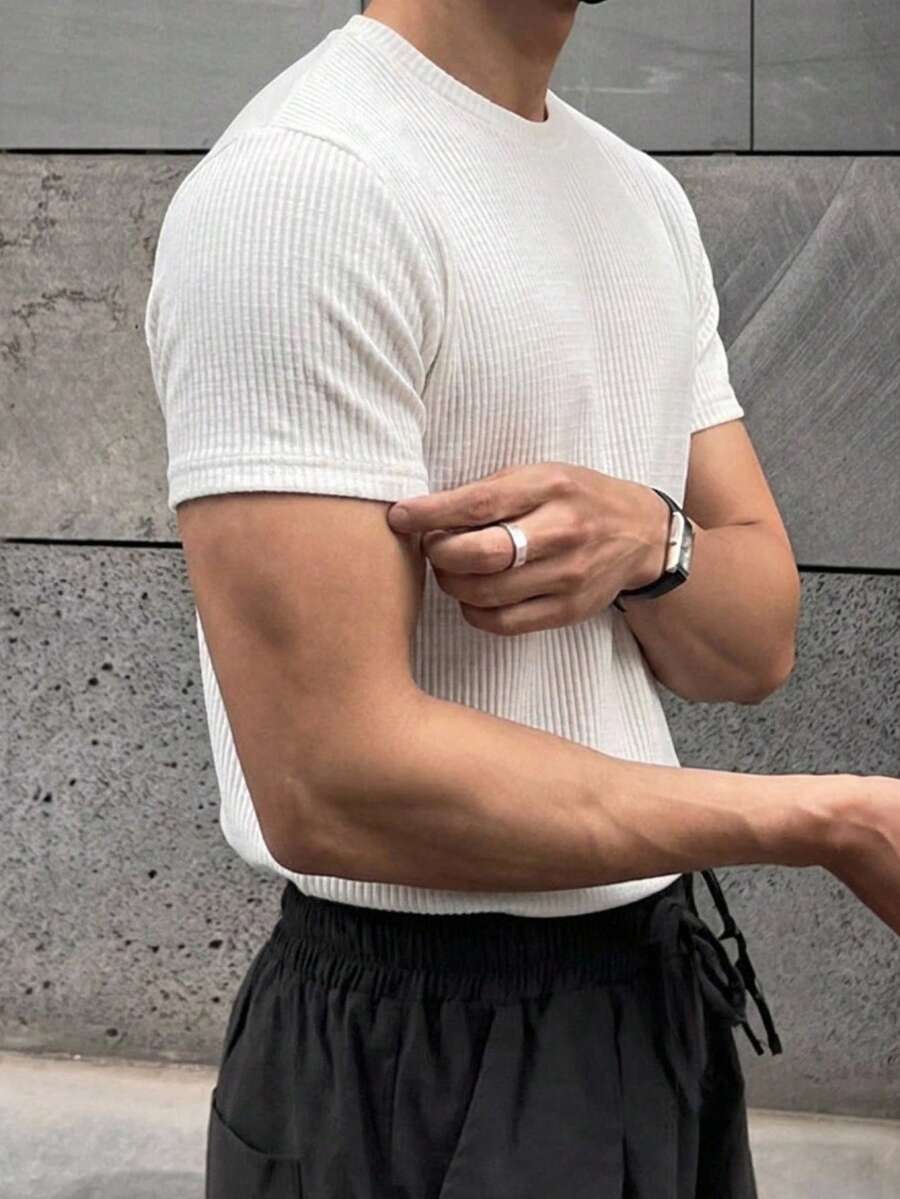 DAZY Men's Solid Color Short Sleeve T-Shirt, Apricot Textured Fabric, Summer - Apricot - View 1