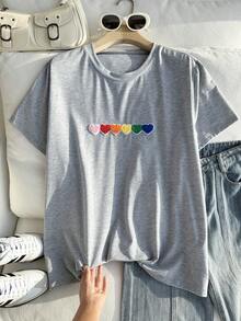 Comfortcana Tricou colorat 3D din pluș cu inimă, guler rotund, mânecă scurtă, casual, gri deschis, mărime plus - Gri deschis - Vizualizare 2