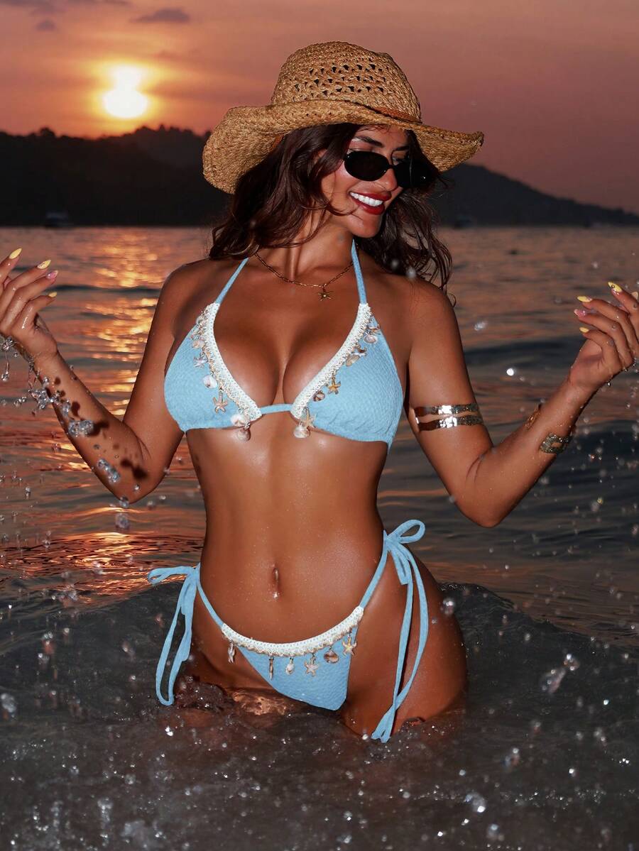 Swim SXY Đồ bơi mùa hè cho nữ, bộ bikini buộc dây cổ họa tiết sao biển và vỏ sò, quần bikini tam giác cạp cao buộc dây, đồ bơi đi biển, phụ kiện ngẫu nhiên. - Màu xanh bụi bặm - Xem 1