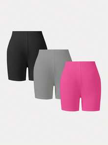 3pcs/Set Teen GirlSolid Black, Gray, Rose Red Knit Leggings, Stretchy Fabric, Versatile Cropped Pants - Multicolor - View 2