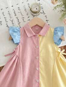 SHEIN LMoss Kids Đầm dệt phối màu tương phản cổ bèo kiểu dáng thường ngày cho bé gái - Nhiều màu - Xem 4