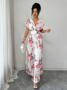 Elenzga Đầm chữ A xếp ly in hoa, cổ chữ V, tay cánh dơi, eo thon, thanh lịch dành cho nữ, thích hợp cho mùa xuân/hè. - Nhiều màu - Xem 5