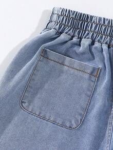 女童牛仔裤，春秋新款，简约休闲，浅蓝色水洗牛仔布，高腰阔腿，大贴袋，后腰松紧带，舒适优质棉质牛仔布，日常基础款，适合上学、度假等各种场合，春秋皆宜。儿童牛仔裤，女童阔腿裤 - 淺色水洗藍 - 查看 7