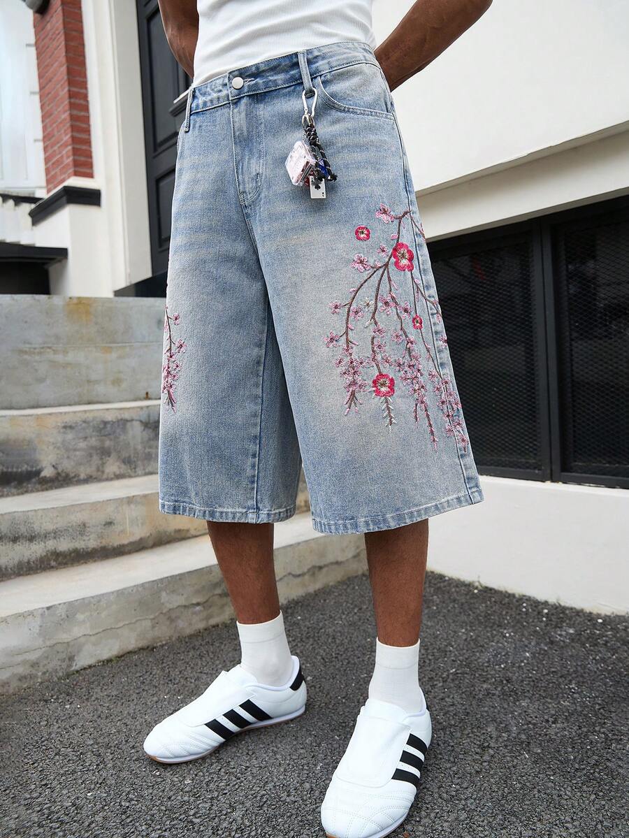 GALLERY FADE 男士休闲街头风刺绣蓝色牛仔短裤 - 淺色水洗藍 - 查看 1