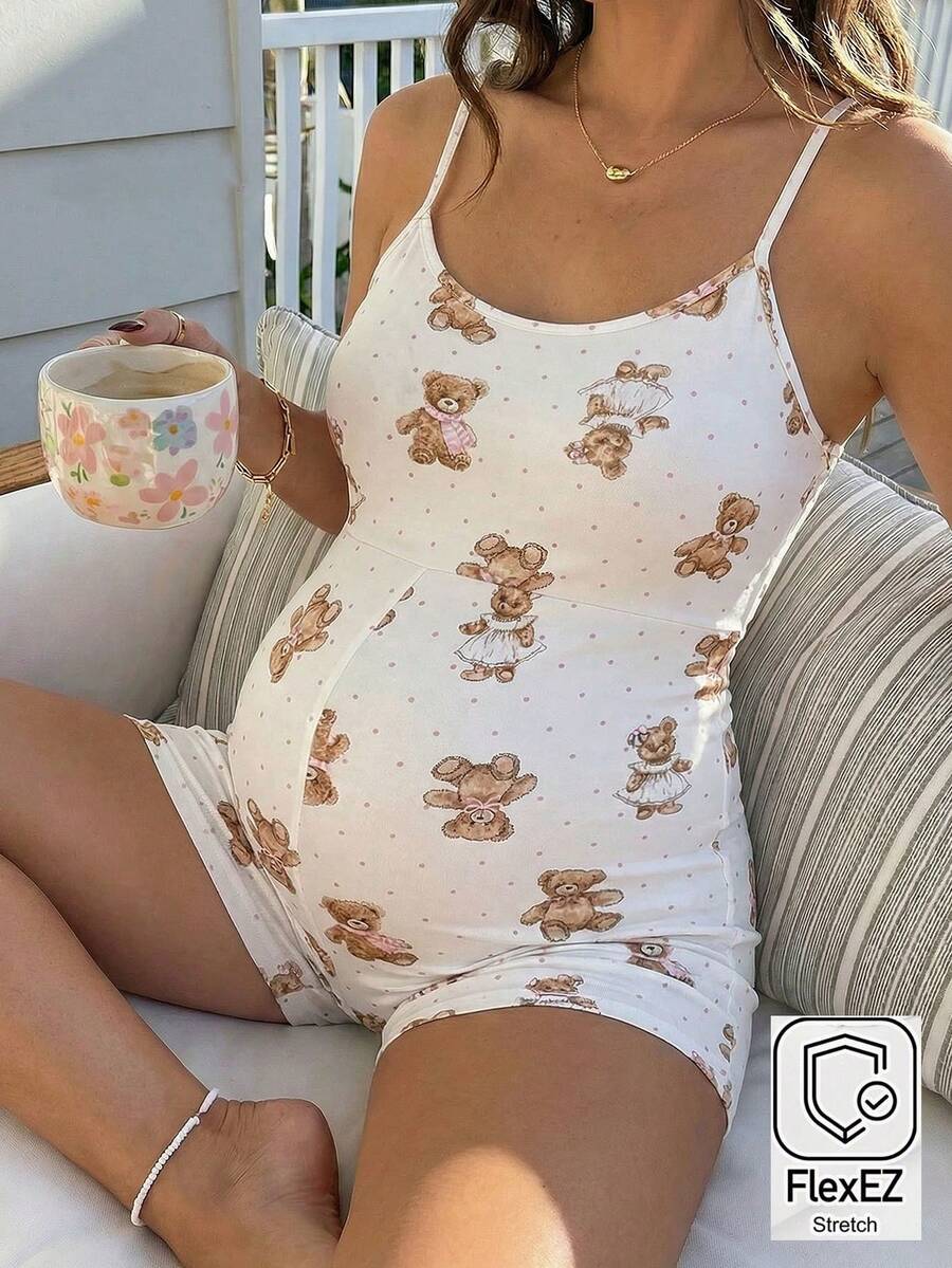 Maternity Summer Casual Polka Dot Bear Print Sleeveless Jumpsuit Cute Maternity  Outfit Summer Outfits  Beach Outfit Casual Outfit Holiday Outfits - Black - View 1