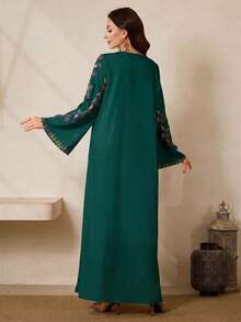 Al Najma Đầm maxi dài tay họa tiết cây cỏ kiểu Ả Rập truyền thống dành cho nữ. - màu xanh lá - Xem 3