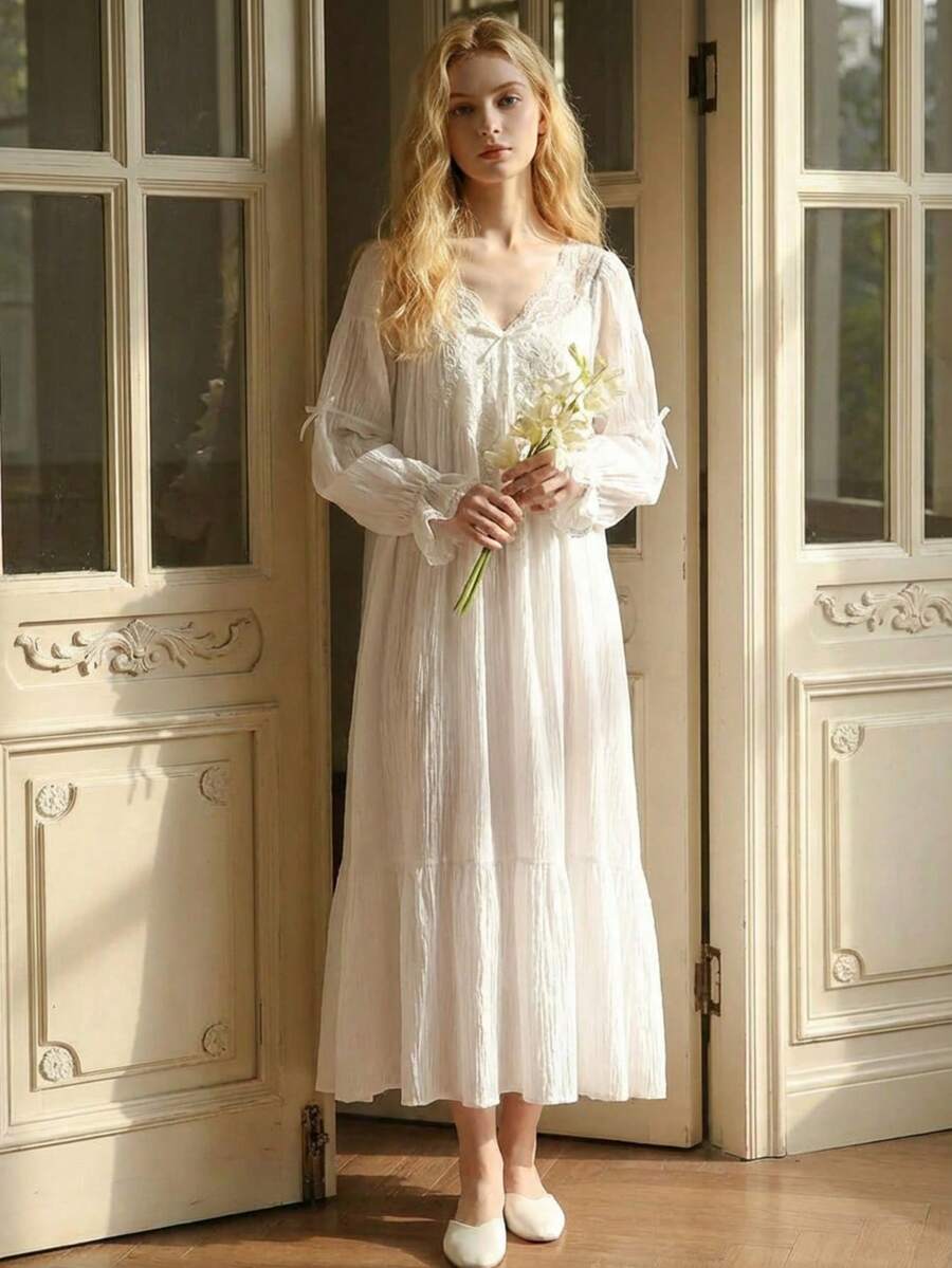 Cirelle Bộ đồ ngủ mỏng kiểu công chúa, áo ngủ cổ điển lấy cảm hứng từ Hepburn, áo choàng tắm mùa xuân và mùa hè, thích hợp để mặc ở nhà hàng ngày. - Nhiều màu - Xem 1