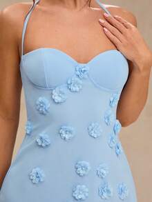 SHEIN BAE Vestido mini azul de línea A con escote halter y estampado floral, vestido azul - Azul - Ver 2