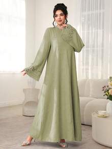 Al Najma Vestido de manga larga suelta con cuello redondo de unicolor, con cinta de empalme, para uso casual de vacaciones - Verde - Ver 6