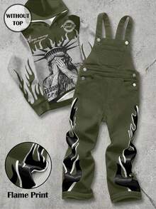 男童无袖时尚火焰图案黑色牛仔背带裤 - 軍綠色 - 查看 1