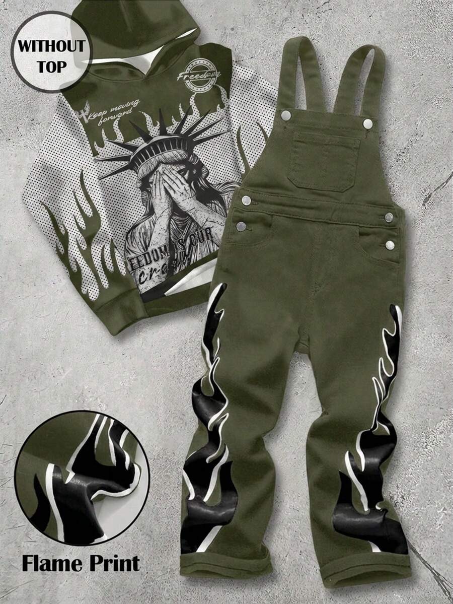 男童无袖时尚火焰图案黑色牛仔背带裤 - 軍綠色 - 查看 1