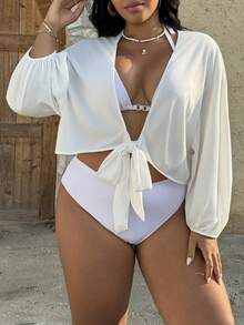 Swim Vcay Plus Size Women's Summer Beach Kimono Swimsuit Cover Up - White - View 5