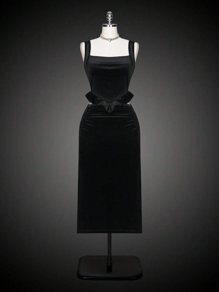 Glisette Velvet Fabric Comfortable 2 Pieces Set, Fashionable And Elegant Spring/Autumn Dress Suit - Black - View 1