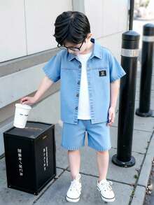SHEIN Boys Baby Blue 3 Piece Summer Outfit Set, Vintage Denim Shirt Tee & Shorts Casual Wear For Daily Holiday Outdoor - Light Wash - View 3