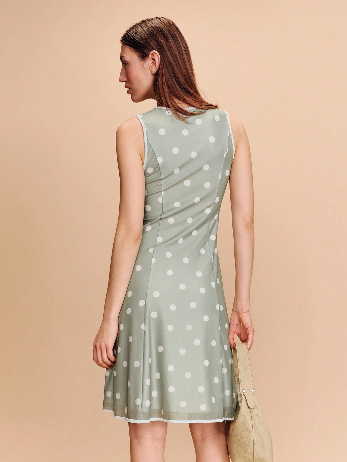 Sage Green Polka Dot Fitted Sleeveless Mesh Knee Length Dress Spring Summer French Style Parisian Style Vacation Dress Wedding Guest Dress Polkadot Dress Polka Dot Dresses For Woman Pastel Green Dress Women Sage Dress