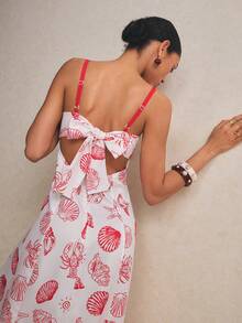 Poéselle 女士贝壳印花蝴蝶结吊带吊带连衣裙 - 紅色 - 查看 7