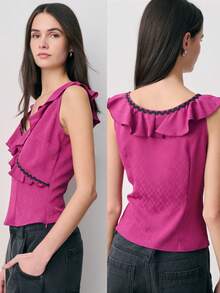 Nöista Sleeveless Top Features A V-Neckline Adorned With A Ruffled Trim Edged In Black. Spring, Summer, . - Purple - View 1