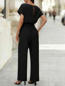 Editum 女士新款优雅圆领连体裤，收腰设计，显瘦塑形，抗皱，适合通勤，配有腰带 - 黑色 - 查看 9