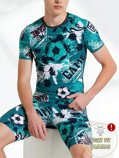 SHEIN 男童足球印花短袖短裤两件套修身睡衣套装