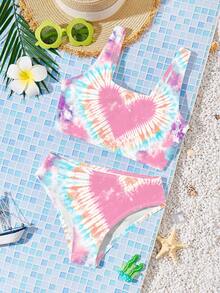 SHEIN Bộ áo tắm tankini in họa tiết tie-dye dáng rộng cho bé gái tuổi teen, thích hợp cho mùa hè. - Nhiều màu - Xem 7