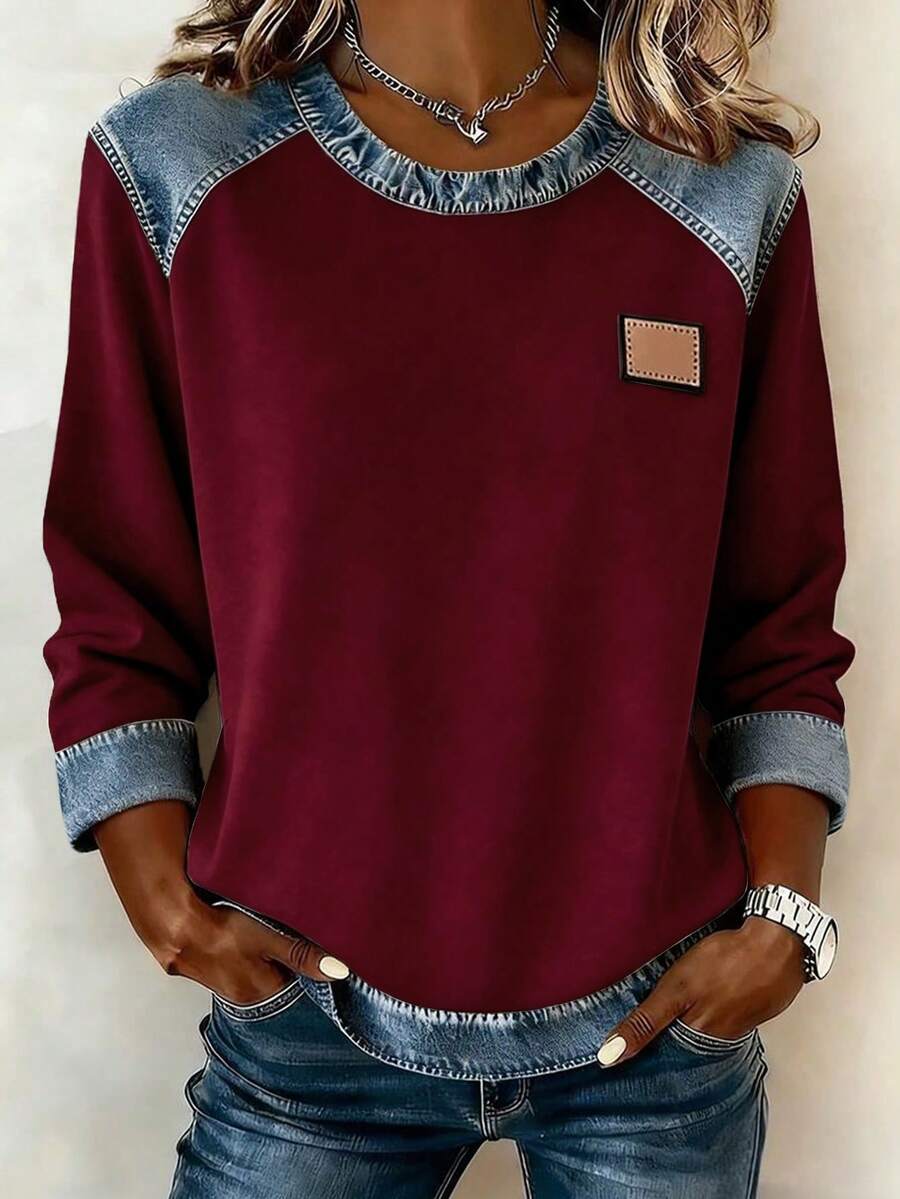 EMERY ROSE Casual Color Block Long Sleeve T-Shirt, Suitable For Spring And Autumn - Multicolor - View 1
