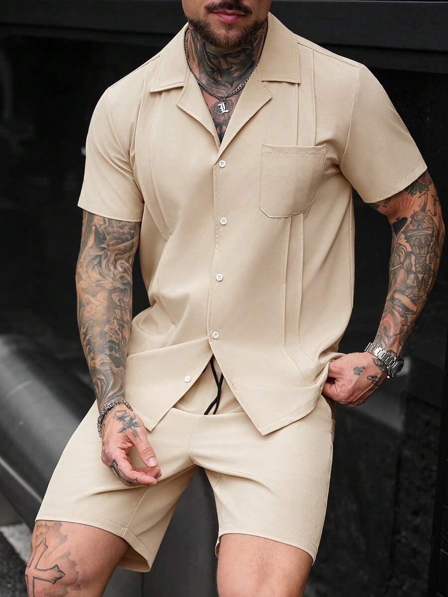 SLATEMANN Men's Woven Shirt Set With Pleated Pocket Design, Fashionable For Daily Wear