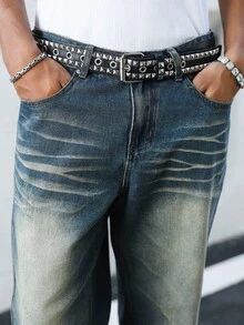 Manfinity EMRG 春夏新款街头水洗复古蓝直筒宽松破洞牛仔裤 - 藍色 - 查看 3