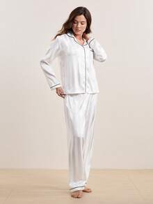 Hourtrue Contrast Piping Satin Pajama White Set, Fall Winter Clothes Cozy And Elegant Detailsfor Summer - White - View 8