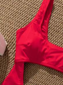 Swim SXY 女士连体纯色镂空泳衣，适合夏季海滩穿着 - 紅色 - 查看 3