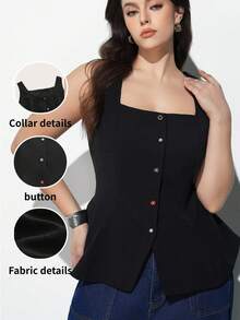 Maija 加大码方领金属装饰荷叶边下摆上衣，浪漫优雅百搭，商务休闲日常皆宜。 - 黑色 - 查看 1