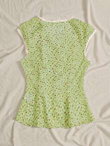 INAWLY Áo thun nữ tay ngắn họa tiết hoa nhí, kiểu dáng thường ngày, cài cúc. - Nhiều màu - Xem 2