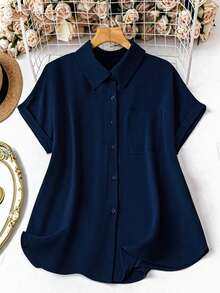 SHEIN LUNE 大码女式纯红色休闲短袖衬衫上衣，夏季衬衫，女士假日外出衬衫 - 藏蓝色 - 查看 1
