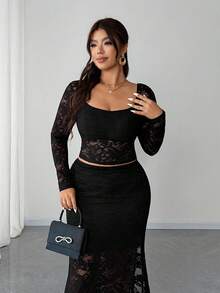 Elenzga Plus Size Black Lace Patchwork Long Sleeve Cropped Top & High Slit Skirt 2 Piece Set - Black - View 6