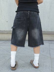 Manfinity EMRG Shorts en jean à jambes larges, style patchwork asymétrique avec fermeture éclair, tailles grandes, style européen et américain pour hommes - Noir - Voir 2