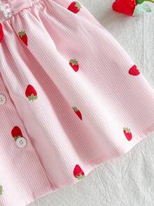 SHEIN Vintaside Kids 夏季新生女宝宝杏色圆领荷叶边卡通樱桃印花无袖红色蝴蝶结连衣裙，搭配红色帽子，优雅可爱 - 粉色 - 查看 8