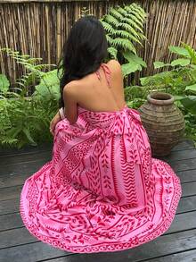 SHEIN PETITE Đầm dài buộc nơ cổ yếm in họa tiết boho đa năng dành cho nữ, thích hợp cho kỳ nghỉ hè. - Nhiều màu - Xem 2