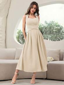 Modelyn 女款素色露背米色洋裝，優雅無袖長版晚禮服，夏季女裝常規尺寸女裙正式晚餐禮服女款舞會禮服優雅Yisikado洋裝Zeya優雅洋裝婚禮特殊場合婚禮 - 杏色 - 查看 4