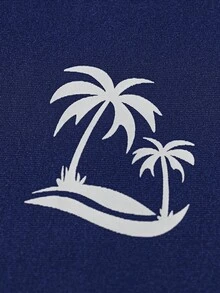 SHEIN Baju Renang Pelindung Ruam Lengan Panjang Motif Pohon Palem Biru Tua untuk Anak Laki-laki Usia 80-an, Kain Lembut dan Nyaman, Liburan Musim Panas di Pantai, Gaya Kasual untuk Menyelam. - Navy Blue - View 5